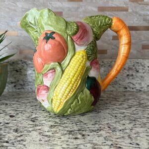 Pitcher, Vintage, Majolica, Ceramic Handpainted Garden Vegetables Decor, Italian